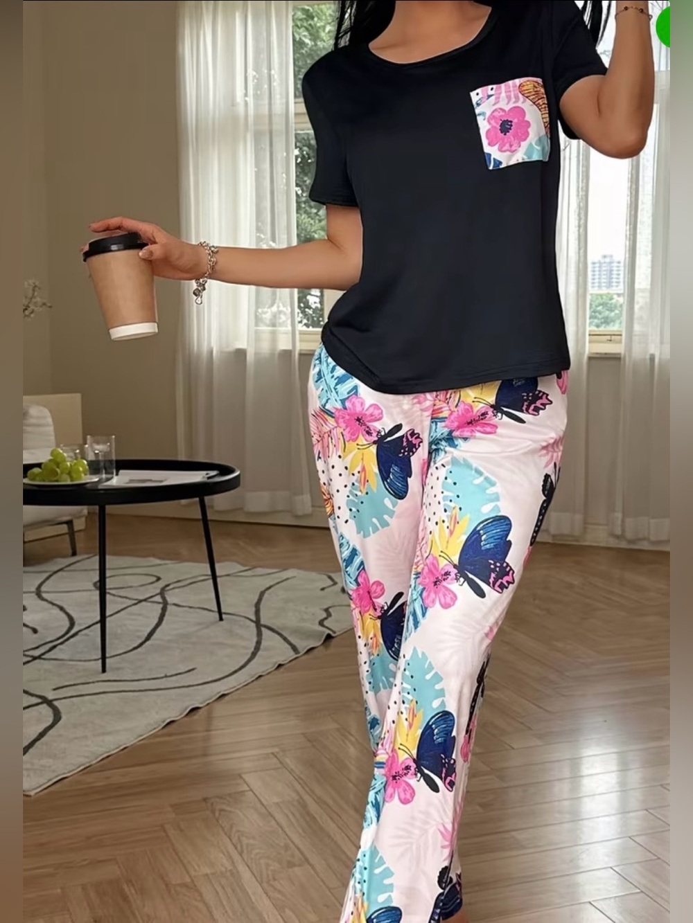 Black Short Sleeve Tee & Pink Floral Butterfly Pajama Set